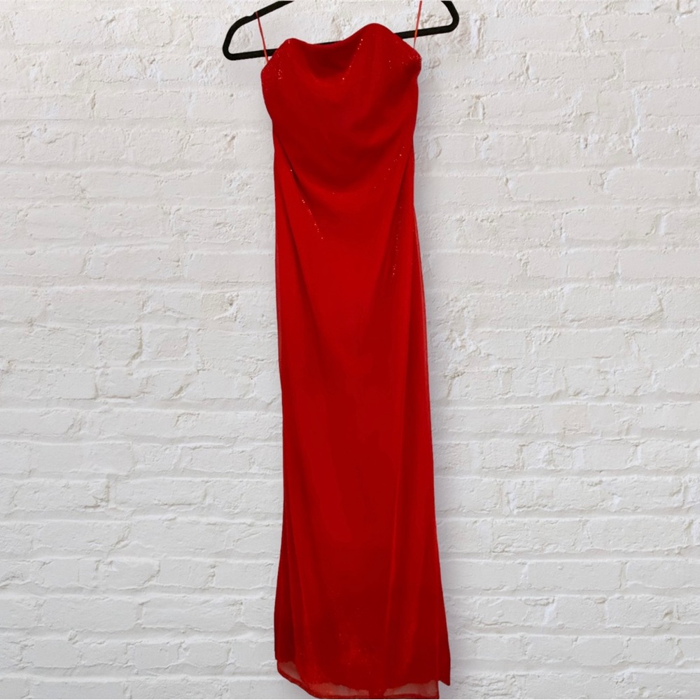 VTG Y2K Jessica McClintock for Gunne Sax Strapless Red Sparkly Dress Deadstock
